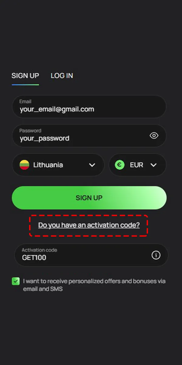 Ievadiet promo kodu reģistrācijas laikā